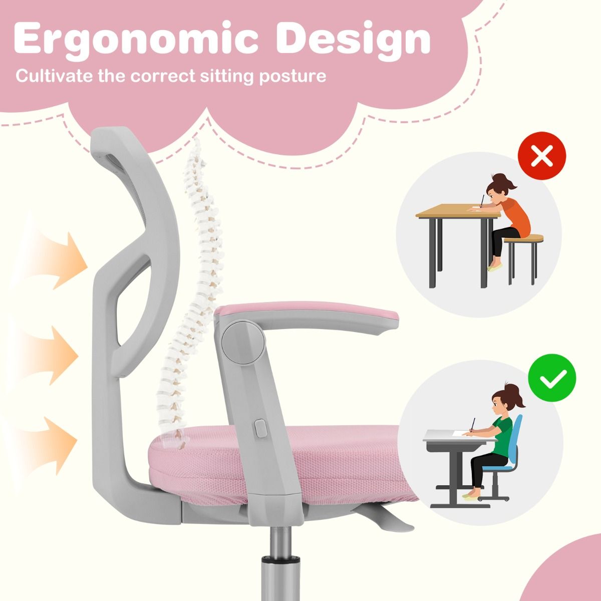Chaise de bureau pour enfant Coast - réglable en hauteur - pivotante avec roulettes - rose