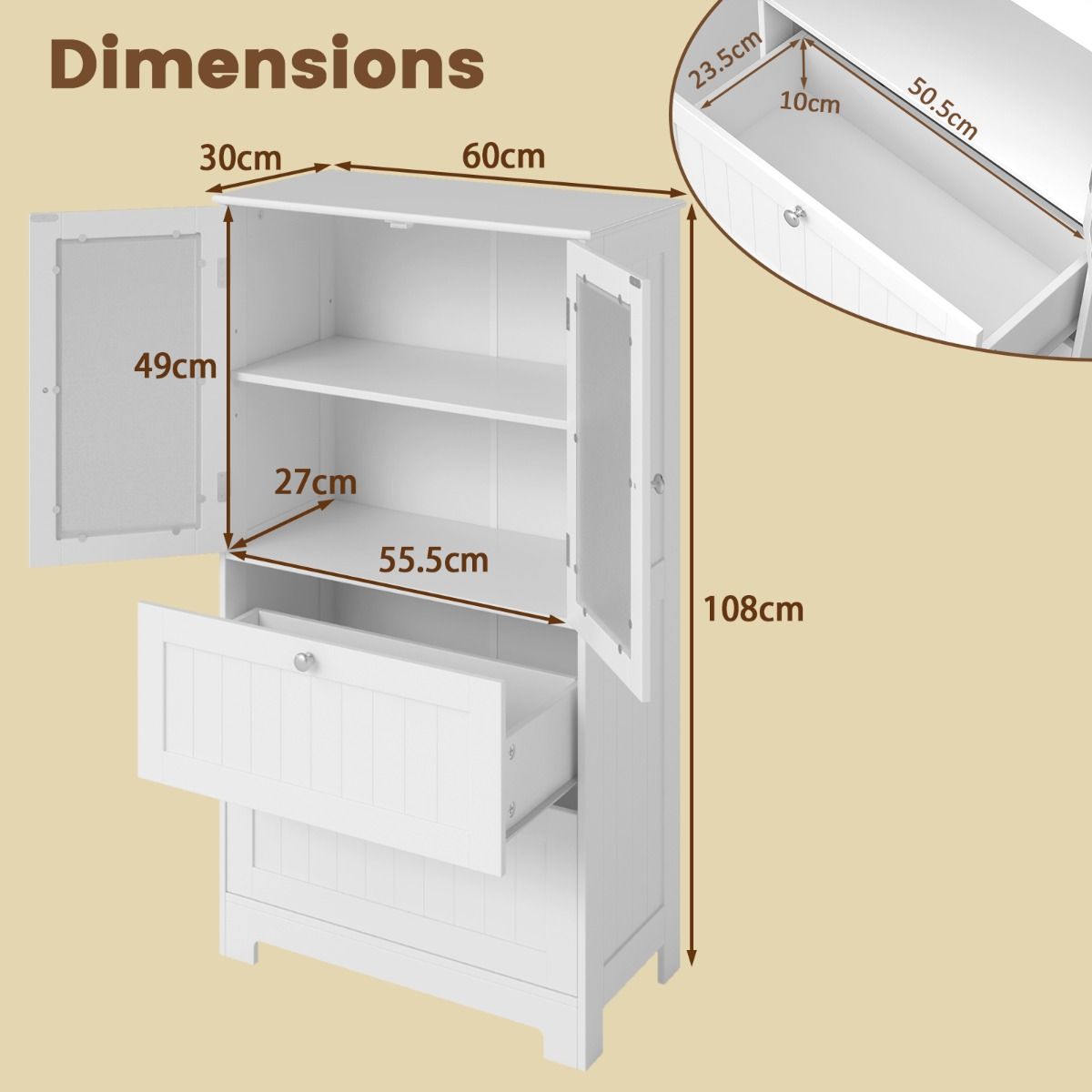 Coast Freestanding Bathroom Cabinet - 2 tiroirs et 2 portes en verre dépoli - étagère réglable - 60 x 30 x 108 cm - blanc