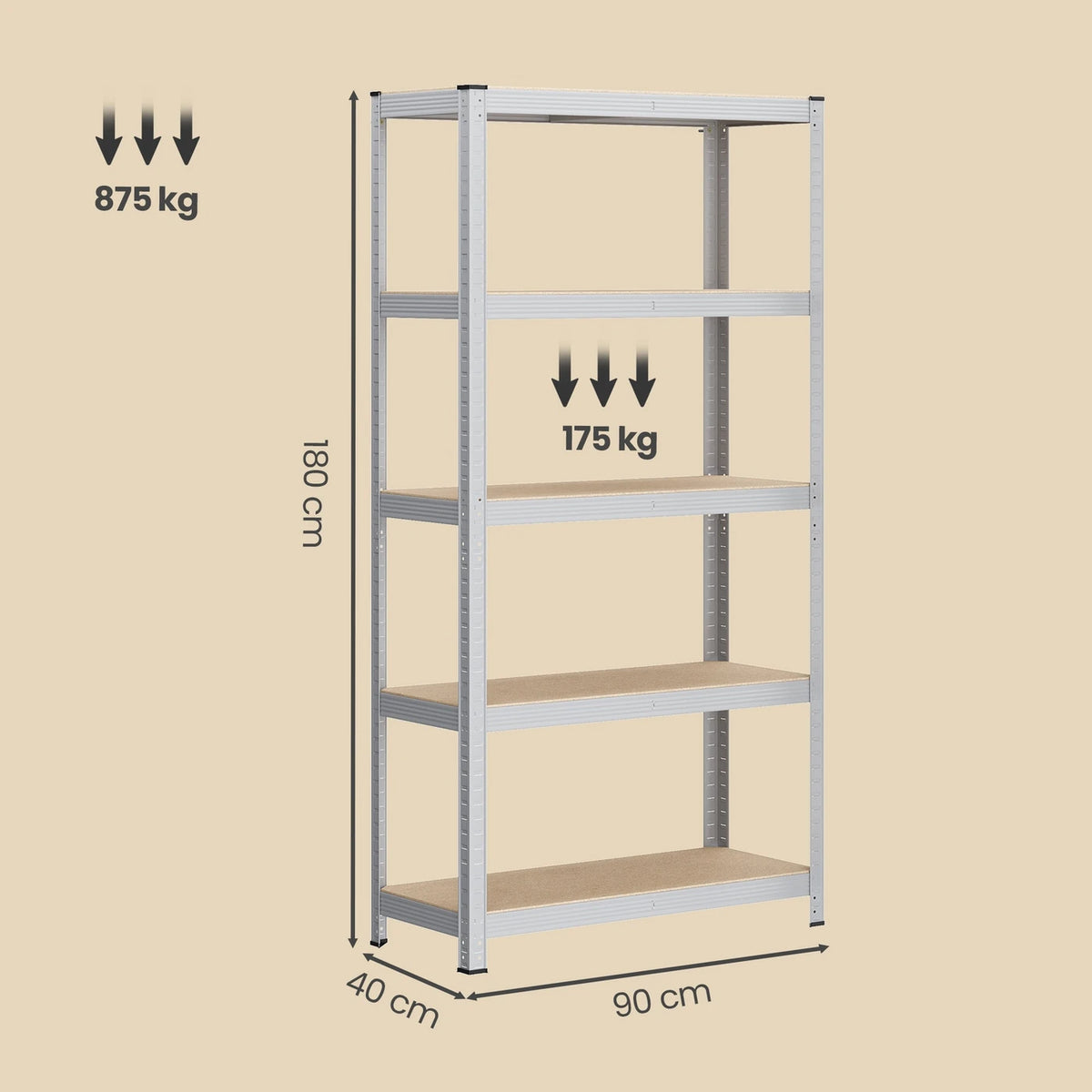 Ensemble de rayonnages Ochama, lot de 2 - 5 niveaux - 90 x 40 x 180 cm - 175 kg par étagère - Acier et MDF - Argent