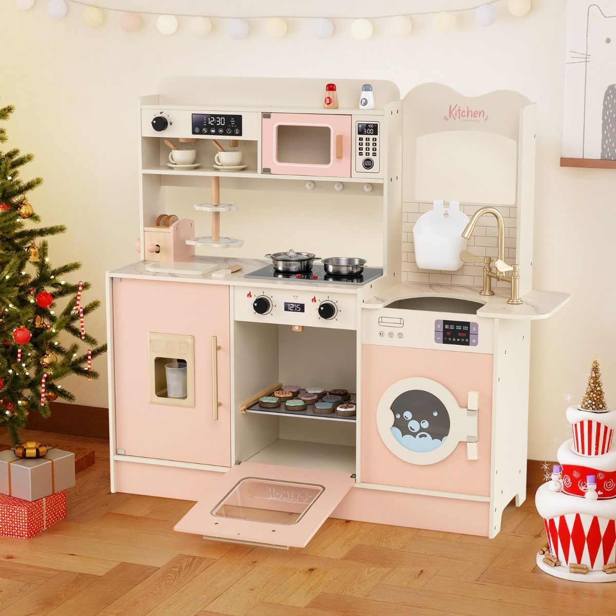 Cuisine jouet en bois Coast pour enfants - avec 25 accessoires - lumières et sons - rose