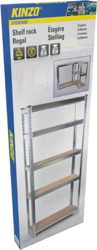 Kinzo - Armoire à racks (Heavy Duty) - 5 étagères en MDF, Max. 750 kg, montage sans vis - 172 x 75 x 30 cm - Métal/MDF - Gris/Brun