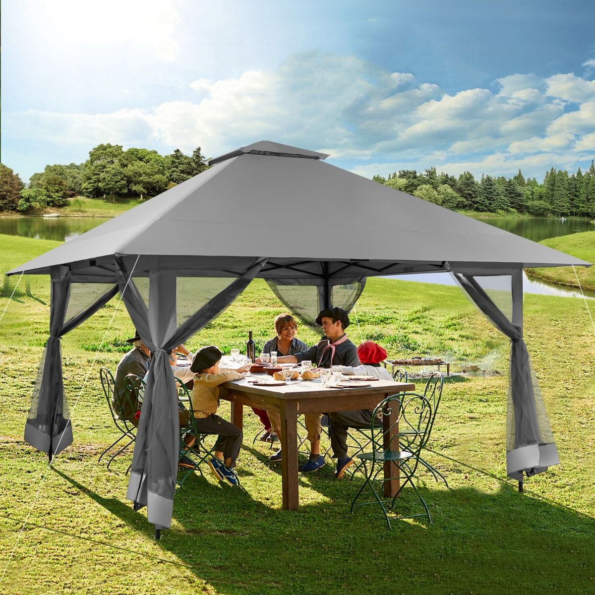 Pavillon de jardin Coast avec parois en maille avec fermeture éclair - pliable et ajustable - 4x4m - Gris