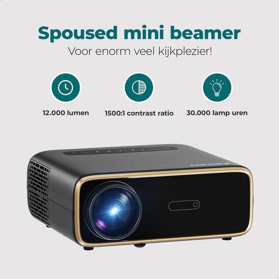 Spoused Beamer - Full-HD - 12 000 Lumens - Streaming depuis votre téléphone avec WiFi - Mini Beamer - Noir - Android