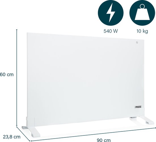 Panneau infrarouge – Radiateur électrique Princess 540 W - 60 x 90 cm - Radiateur infrarouge - Panneau chauffant infrarouge 348254 - Smart - Wi-Fi - avec application - Autonome/Montage mural - Économe en énergie - Panneau infrarouge mobile – Blanc - Sans