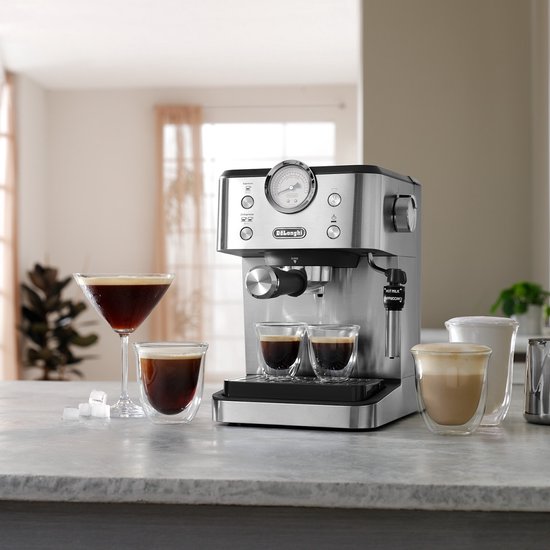 De'Longhi Classic EM450.M – Machine à piston – Espresso et cappuccino manuels – Boîtier entièrement en acier inoxydable – Argent