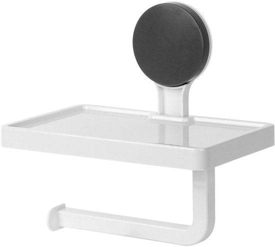Bathroom Solutions - Porte-rouleau de papier toilette avec étagère - Plastique blanc - Fixation par ventouse - Design classique