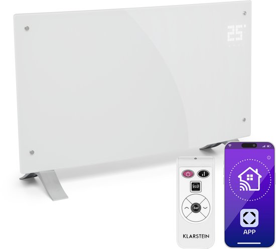 Chauffage électrique à faible consommation d'énergie Klarstein pour la maison, convecteur intelligent et autonome de 2 000 W à faible consommation d'énergie avec thermostat, design fin et portable, chauffage silencieux, chauffage à accumulation et panneau