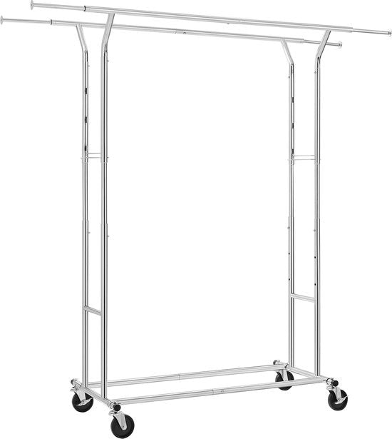 O'DADDY® Clothes Rack - Support de penderie - Double tige - Extensible et ajustable - Design stable - Capacité de charge de 110 kg - Métal - Argent