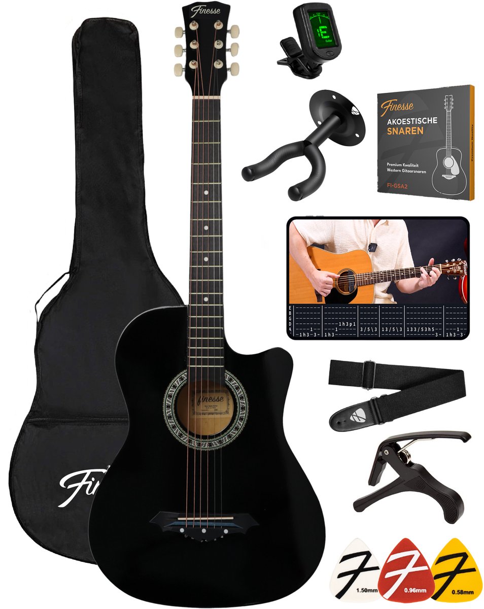 Kit de démarrage pour guitare acoustique Finesse - 38 pouces - Avec accessoires et cours vidéo - Noir