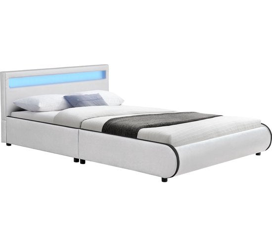 Juskys Lit capitonné Seville - 140 x 200 cm - Blanc - Eclairage LED
