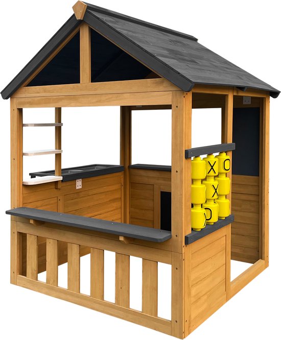 Maisonnette AXI Lynn en marron / anthracite – Maisonnette en bois avec cuisine jouet, jeu « Beurre, fromage et œufs » et accessoires – Bois certifié FSC – Maisonnette de jardin pour enfants – Garantie 10 ans !