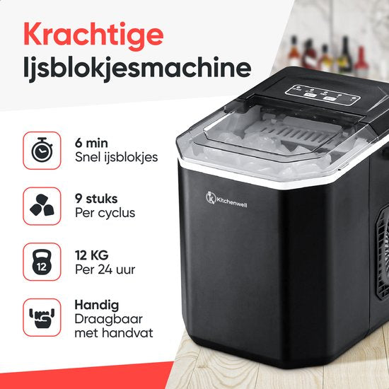 Kitchenwell Machine à glaçons - 1.3L - Machine à glaçons avec cuillère à glace - 12kg/24 heures - Fonction auto-nettoyante - Portable - Noir