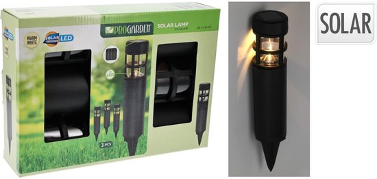 Lampes de jardin / spots à piquer Pro Garden Solar - lot de 3 - lumière blanche chaude - 7 x 28 cm - éclairage de jardin - lampes de jardin - noir - plastique