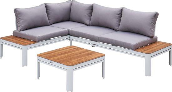 Ensemble de salon AXI Eos avec chaise longue, blanc aspect bois PSPC – Ensemble d'angle avec table – Structure en aluminium thermolaqué – Chaise longue intégrée – Plateau de table en PSPC