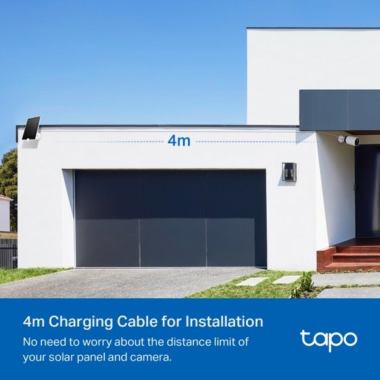 Panneau solaire TP-Link Tapo A200 - Conçu pour les caméras Tapo à batterie - Puissance de charge de 4,5 W - Indice de protection IP65 (résistant aux intempéries) - Câble de 4 m - Rotation à 360 degrés