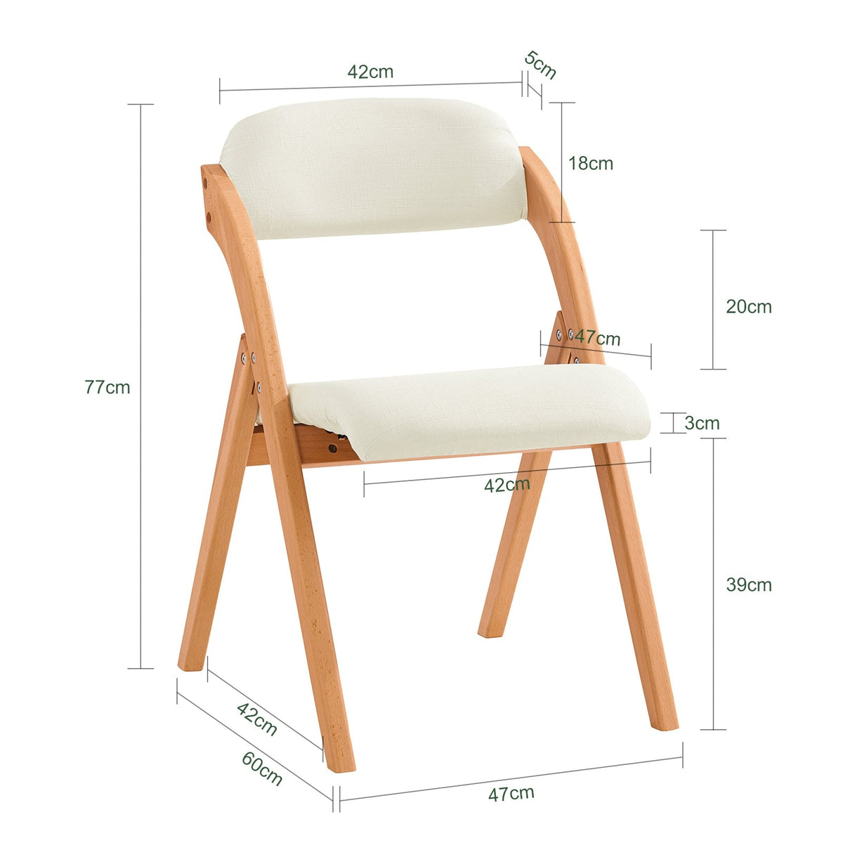 SoBuy Chaise pliante en bois avec assise rembourrée - 47x57x79 cm - Hêtre - Blanc