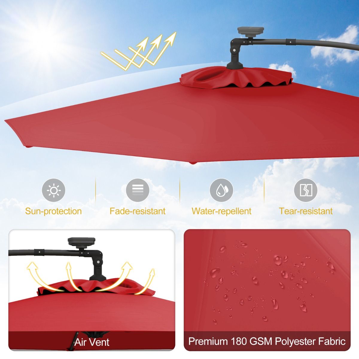 Parasol sur pied Coast - 32 LED - orientable et inclinable - rouge - 300 cm