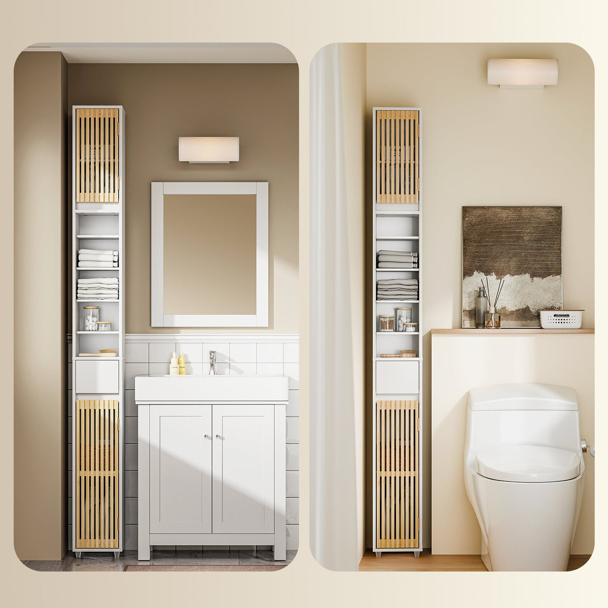 sobuy armoire de toilette haute avec portes en bambou - 20 × 20 × 180 cm | blanc
