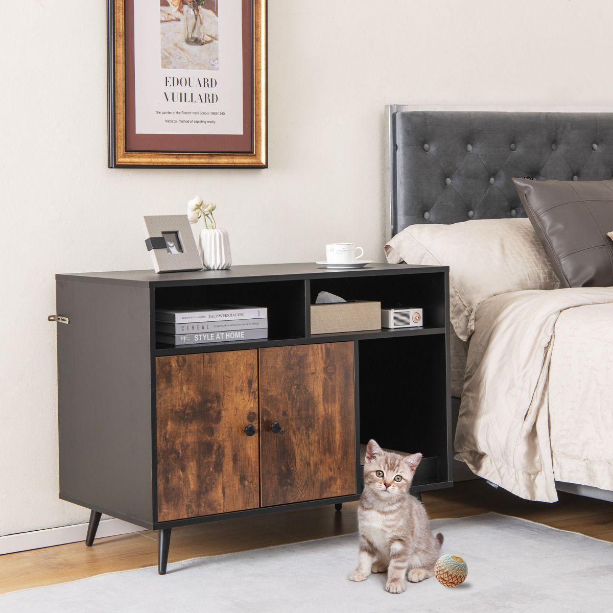 Meuble pour litière Coast avec arbre à chat - meuble de rangement avec dispositif anti-basculement - noir et marron - 90 x 50 x 70 cm