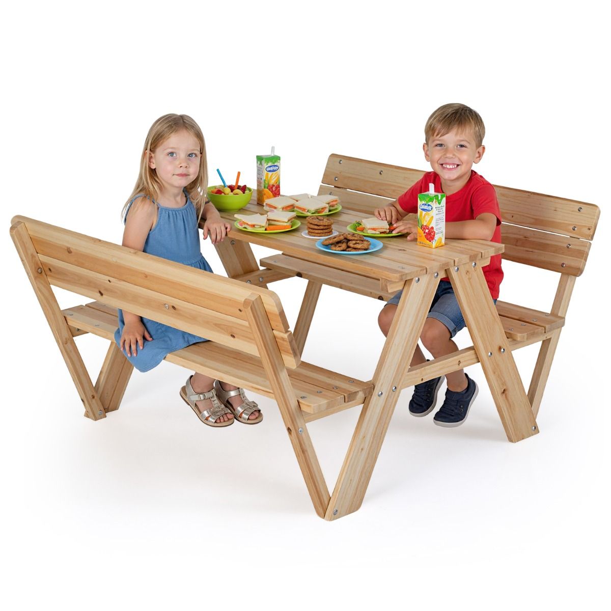 Table de pique-nique pour enfants Coast - ensemble de table et bancs en bois pour tout-petits - avec dossier - couleur naturelle