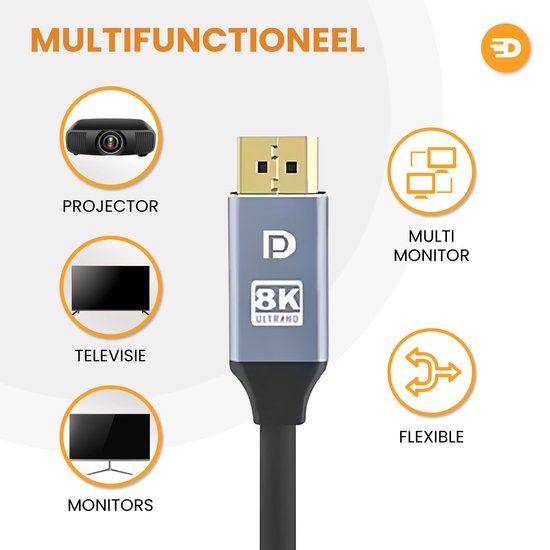 Drivv. Câble Displayport - 8K 60Hz - 4K 144 Hz - 32.4GBps - Displayport 1.4 - Câble DP - PVC - 2 mètres - Gris spatial