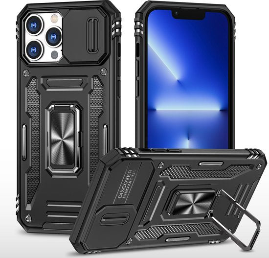 Podec Case suitable for iPhone 12 Pro Black Phone Case - Anti-Shock Case Cover Hybrid Armor Case with Kickstand Ring with Screen Protector