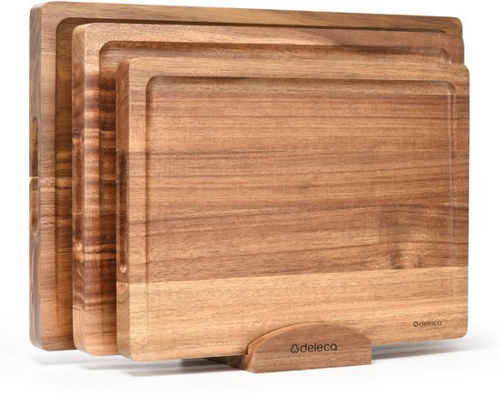 Deleca 3x Set de planches à découper Culina - Epaisseur 3 cm - Planches à découper (33x25 / 38x28 / 43x30 cm) - Avec support - Pour la cuisine, planche à servir, planche à fromage, planche à boire, planche à découper et planche à tapas - Bois d'acacia