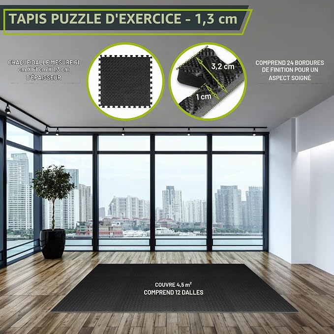 Tapis de sol EVA Fitness 4,5 m² – 12 dalles emboîtables – Antidérapant et insonorisant