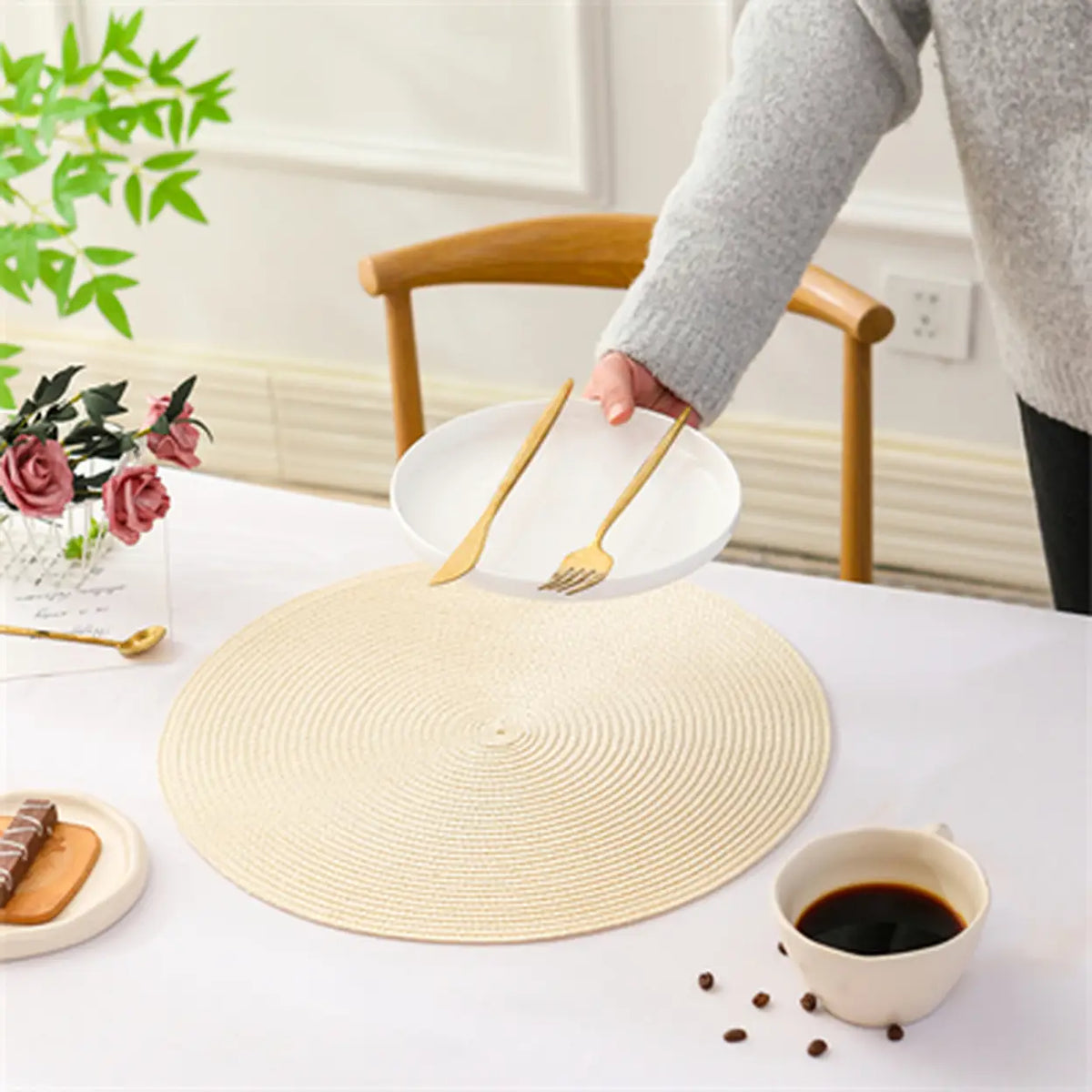 Sets de table ronds tressés - Lot de 6 - Lavables - Ø 38,1 cm - Beige