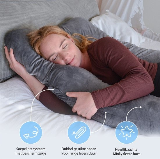 Ella® coussin de grossesse XXL en forme de U - Coussin de grossesse - Coussin en soie - Coussin de corps - Housse amovible en polaire Minky - 140x80cm - Gris