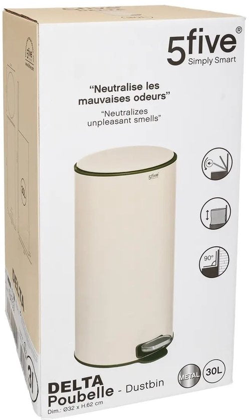 5Five Poubelle/poubelle à pédale Delta - beige - métal - 30 litres - 39 x 33 x 62 cm - poubelle de cuisine
