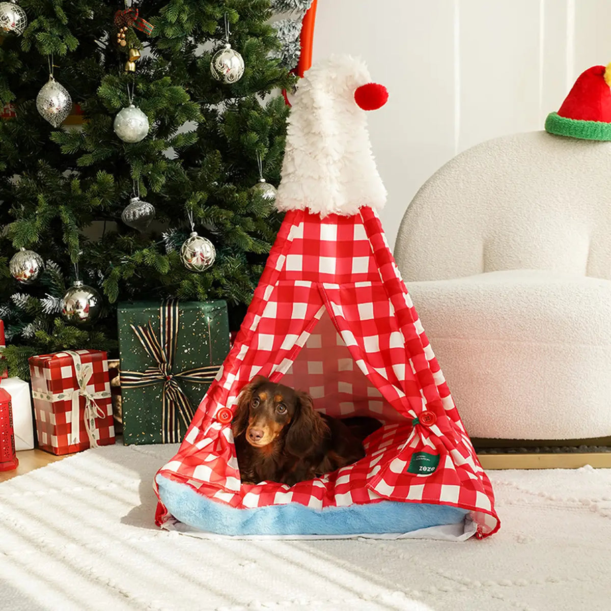 Tente pour animaux de compagnie Zeze avec bonnet de Noël - à carreaux rouges et blancs - 60 × 60 × 78 cm