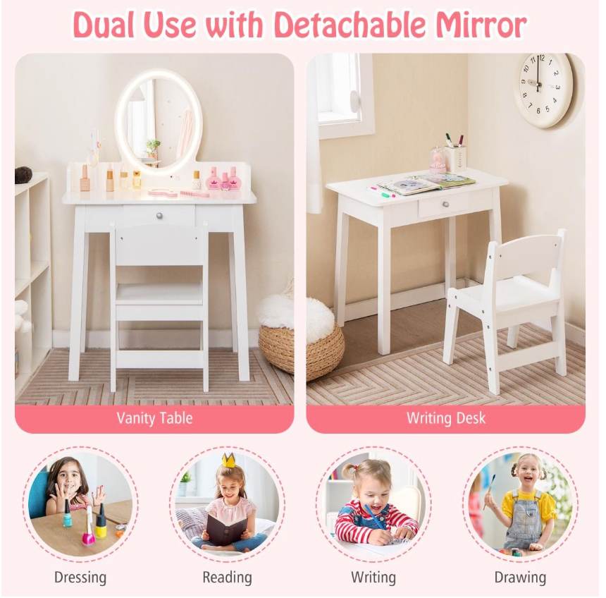 Coast Ensemble coiffeuse et chaise pour enfant - Bureau 2-en-1, Miroir LED bicolore, Anti-bascule - 60 x 35 x 96 cm - MDF/Bois vert - Blanc