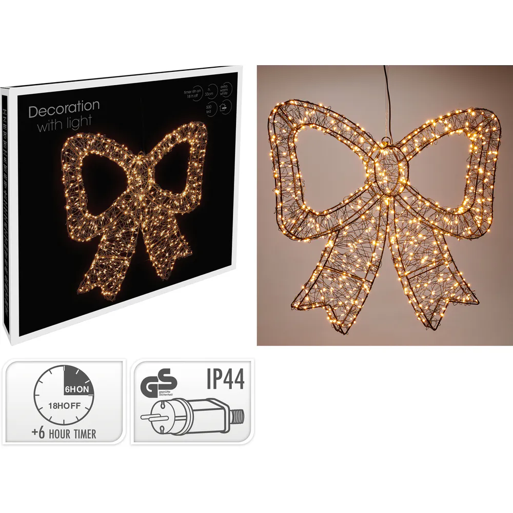 Nampook : nœud lumineux LED et nœud de Noël avec 500 LED, 38 x 33 cm, avec minuterie – Noir – Métal