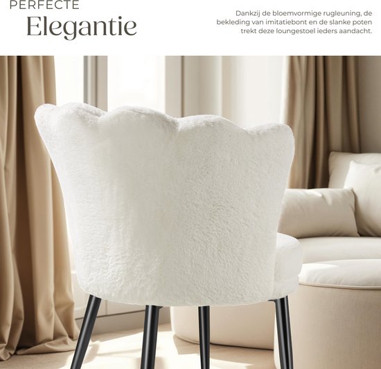 tectake® Fauteuil Stella - Fauteuil avec accoudoir - Chaise de salle à manger confortable - Chaise de cuisine - Rembourrage épais - Pour le salon et la salle à manger - Avec revêtement en fausse fourrure - crème/noir