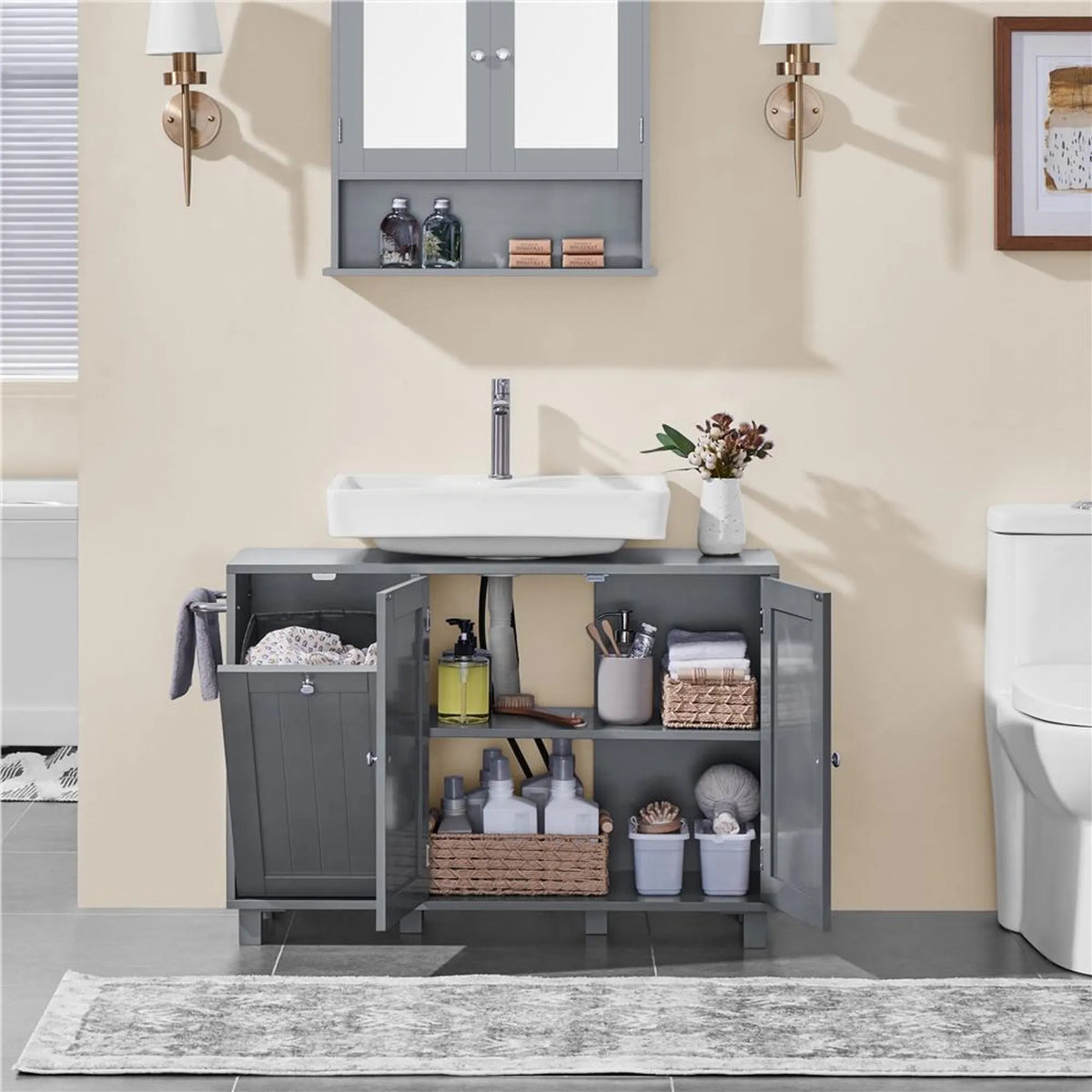 Meuble sous-lavabo Yaheetech avec découpe en U et panier à linge 90 x 30 x 62,5 cm – Gris foncé – MDF et métal