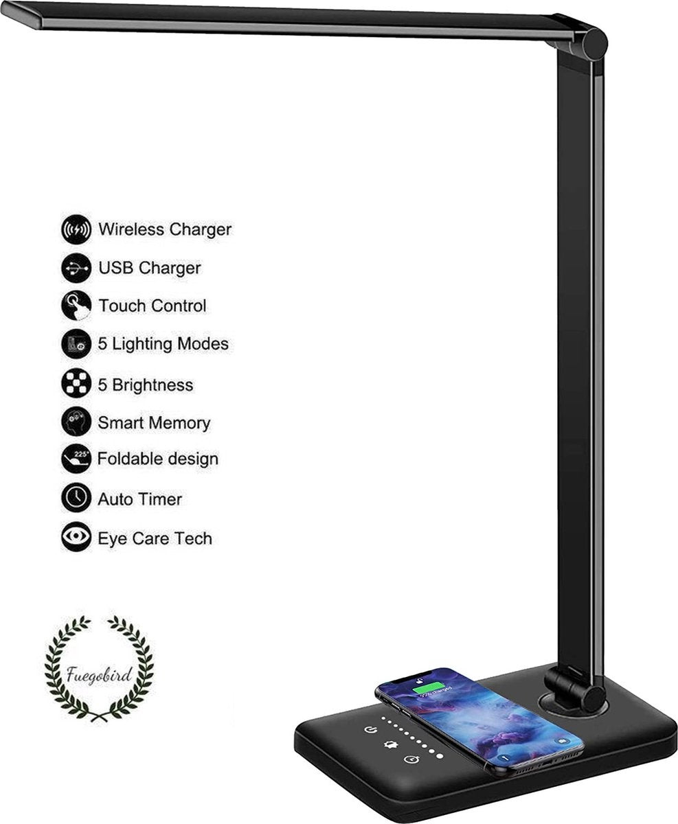 Fuegobird EK009 Lampe de bureau LED - Filaire - Chargement sans fil pour téléphone - Dimmable - Pliable - Smart Touch - Technologie Qi - Noir