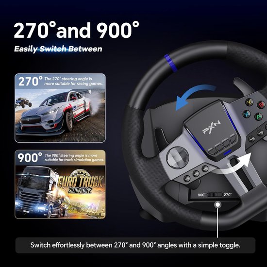 PXN Volant de jeu - V9 Gen 2 - 270/900° - Pédales - Shifter - Multiplateforme - Noir