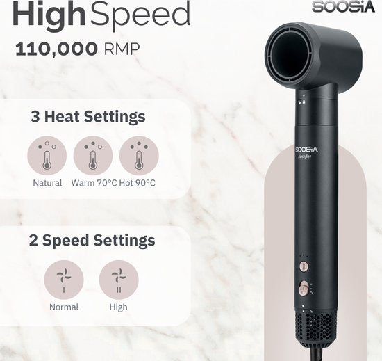 Soosia 6-in-1 Airstyler - Sèche-cheveux et fer à friser - Sèche-cheveux - Multistyler - Brosse à cheveux et brosse à boucler - Enveloppe pour cheveux