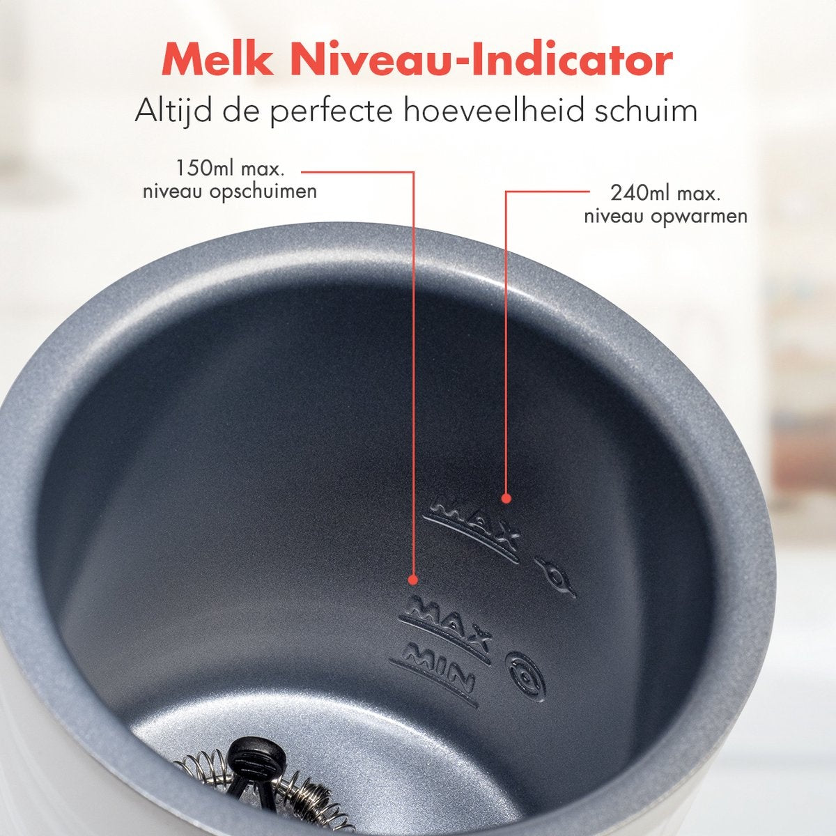 Mousseur à Lait Électrique 4 en 1 KitchenBrothers, 400W avec Chauffe Lait Automatique et 2 Fouets, Capacité de 240 ml, Blanc