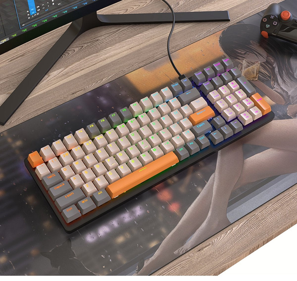 "Clavier de jeu mécanique Fuegobird K3 - 100 touches - Switch rouge - QWERTY - Rétroéclairage RGB - Gris/Orange"