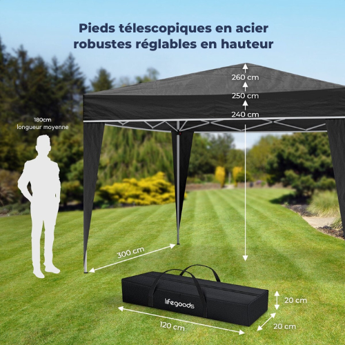 Tonnelle de jardin - LifeGoods - 3x3 m - Pliable - Imperméable - Avec sac de transport - Noir