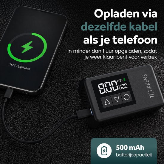 Pompe à vélo électrique Tikkens® AirGo XS - Mini-compresseur - 118 grammes - Portable - Écran numérique - Vélo de course - Vélo de route - Vélo de gravel - Vélo de sport - Vélo de ville - VTT - Trottinette - Fatbike - Rechargeable via USB-C - Presta/Schra