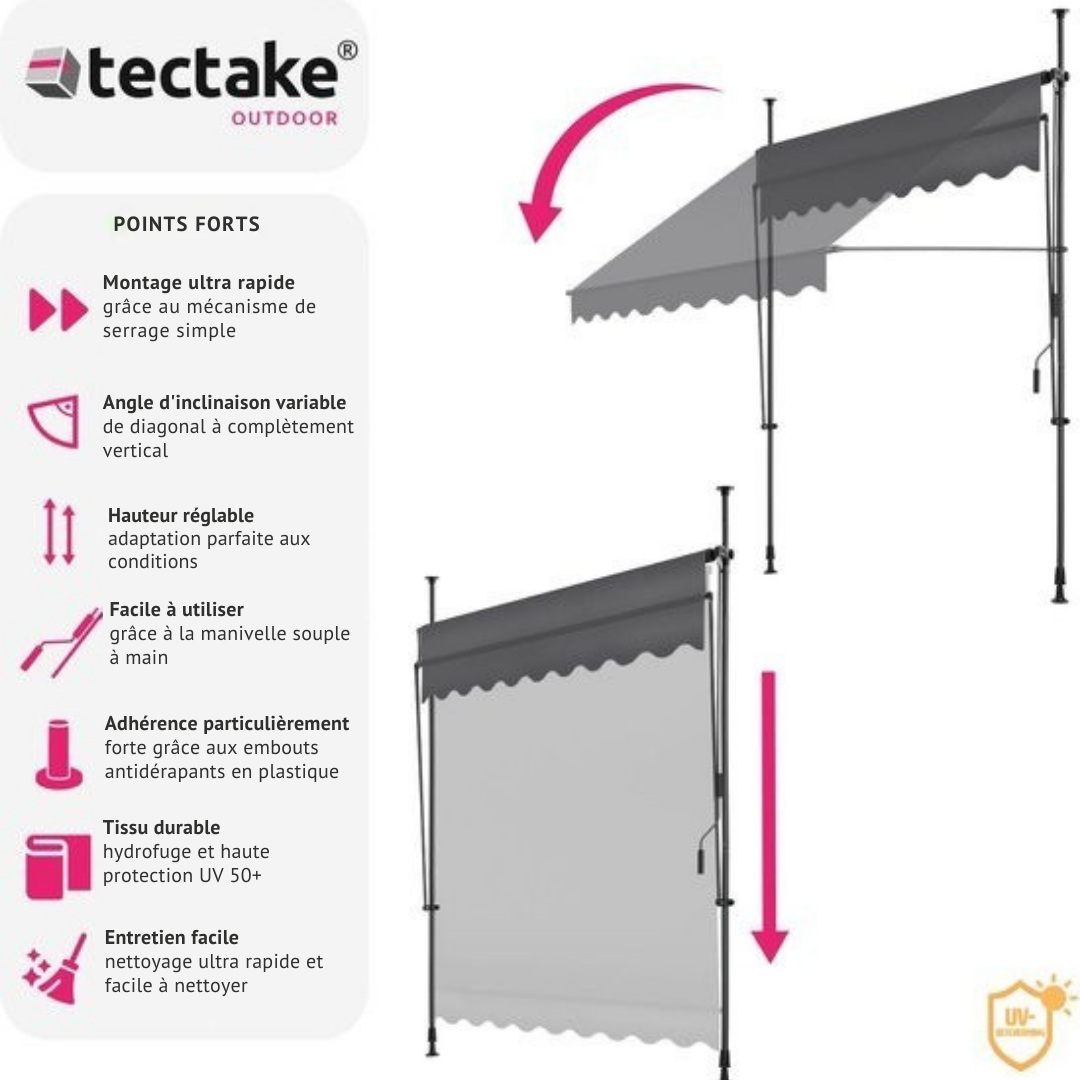 tectake - store à pinces - parasol - store - réglable - store à pinces - parasol balcon - 400 x 180 cm - noir gris - store - 404970