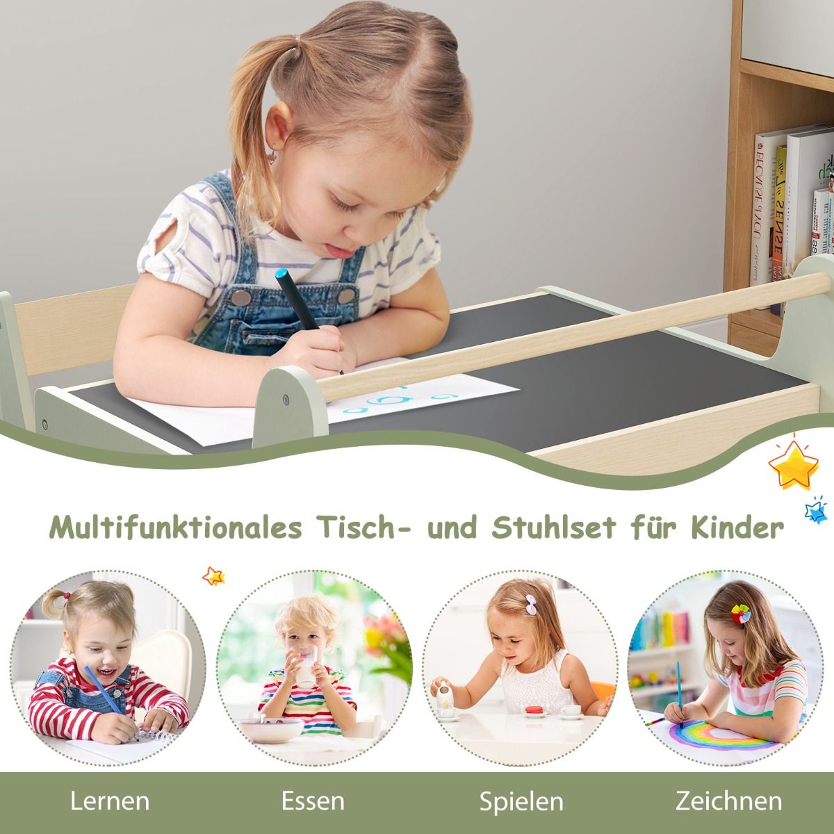 Ensemble de table pour enfants Coast 3-en-1 - avec plateau réversible et espace de rangement dissimulé - vert