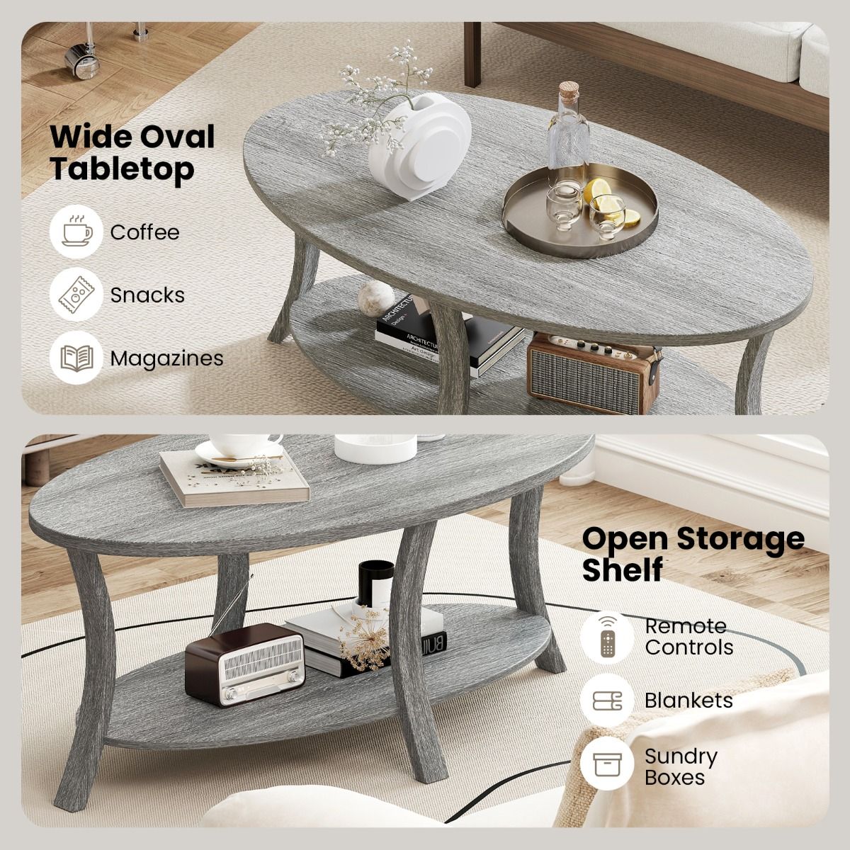 Table basse ovale Coast - 2 niveaux avec espace de rangement - bois d'hévéa - gris - 111 x 60,5 x 47 cm