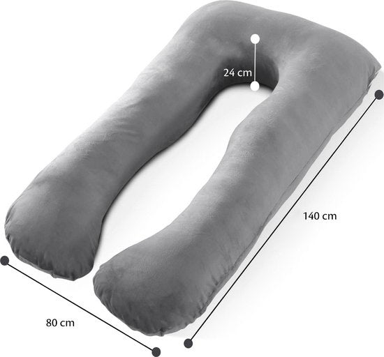 Ella® coussin de grossesse XXL en forme de U - Coussin de grossesse - Coussin en soie - Coussin de corps - Housse amovible en polaire Minky - 140x80cm - Gris