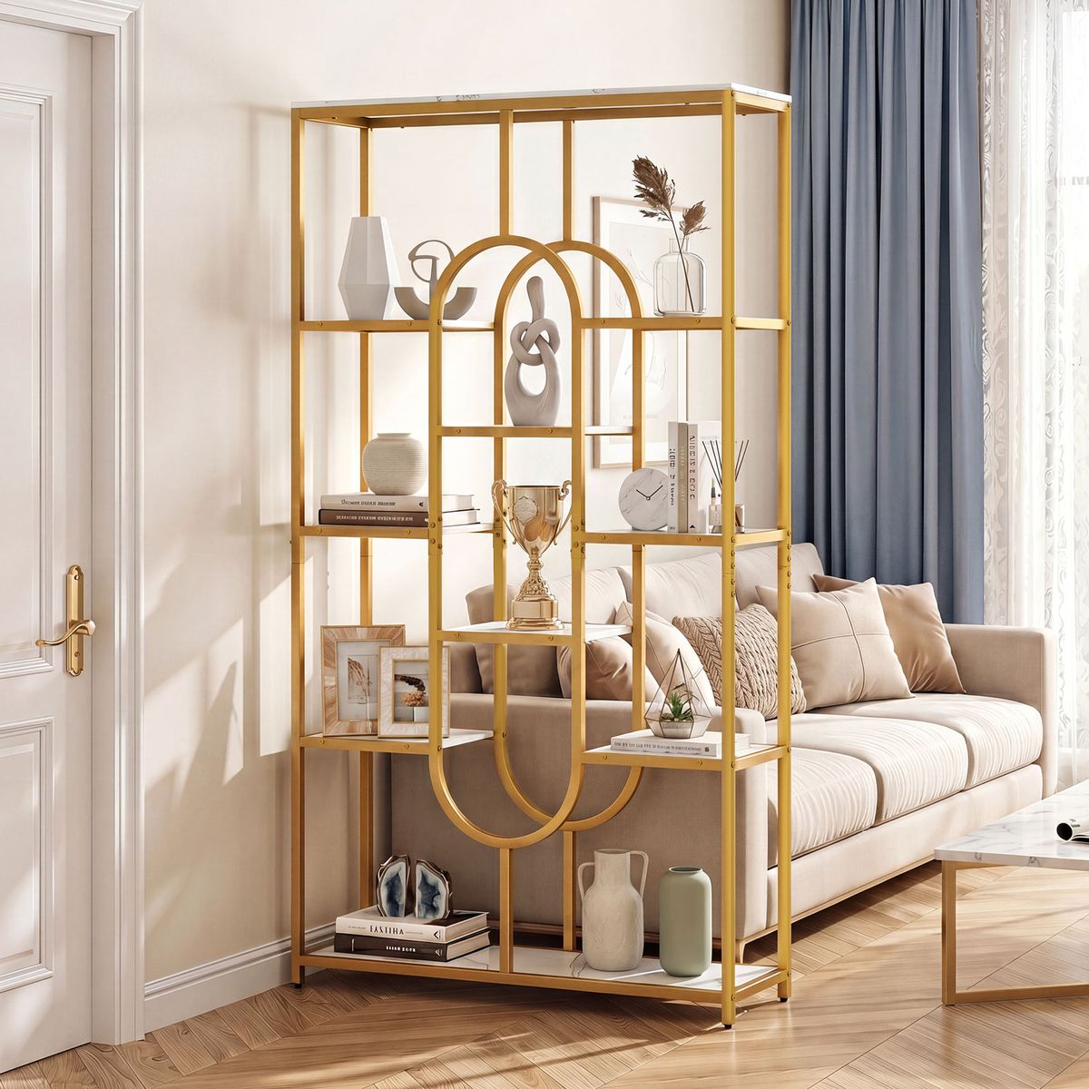 Bibliothèque Coast sur pied - Étagère ouverte à 5 niveaux - Design géométrique - Blanc et or - 95 x 30 x 175 cm