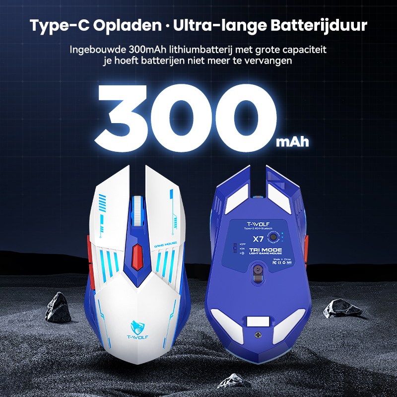 Souris gaming Rexsun Tri-Mode – Boutons 6D, 2,4 GHz + Bluetooth + filaire, DPI réglable de 800 à 3 600, recharge via Type-C, éclairage RGB pulsé, batterie de 300 mAh, blanc et bleu, X7
