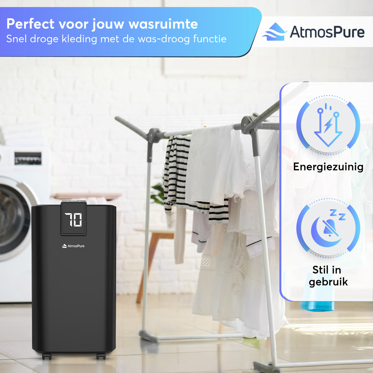 Déshumidificateur AtmosPure® AirDry Elite - 12L par jour - Fonction Lavage-Séchage - Purificateur d'air parfait pour la buanderie, la salle de bain, le salon et la cave - Noir - Déshumidificateur